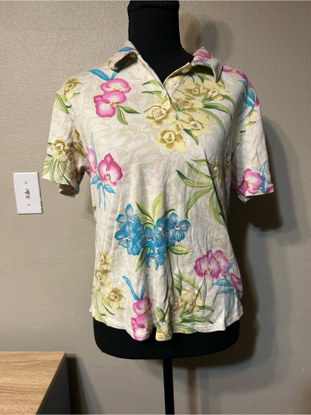 Vintage IZOD Women’s L Washable Silk Cotton Floral Polo Shirt Tropical Y2K